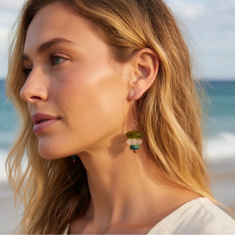 Handmade Sea Glass and Turquoise Copper Toned Earrings
